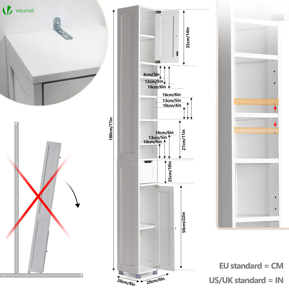 VOUNOT Tall Bathroom Cabinet with Adjustable Shelf 20x20x180cm White ...