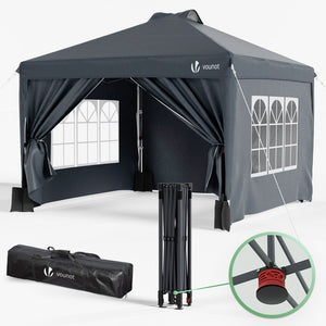 VOUNOT 3x3m Pop Up Gazebo with Sides, Central Lock System & 4 Weight Bags, Grey - VOUNOTUK