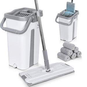 VOUNOT Flat Mop and Bucket set 2-in-1 Hands Free Squeeze with 6 Mop Pads, White - VOUNOTUK
