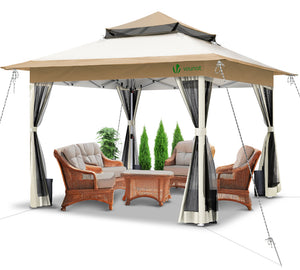 VOUNOT 3.6x3.6m Pop Up Gazebo with Mesh Side Double Roof Marquee Party Tent, Beige - VOUNOTUK