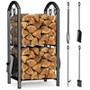 VOUNOT Firewood Log Rack with 4pcs Fireplace Tools, Metal Log Store Indoor, Black, 38 x 33 x 75 cm