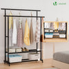 VOUNOT Double Clothes Rail with Wheels & Shelves Metal Rack 120x40x146cm, Black