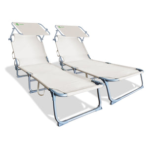 VOUNOT Set of 2 Folding Sun Loungers with Adjustable Backrest & Sunshade, Load 110 kg, Beige.