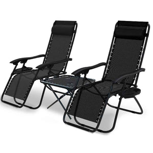VOUNOT Set of 2 Zero Gravity Chair and Matching Table, Reclining Sun Loungers with Cup & Phone Holder, Black.