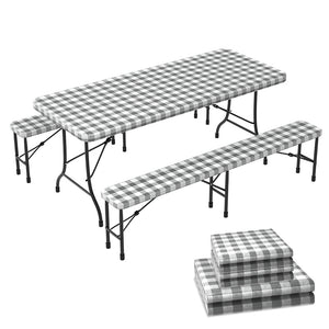 VOUNOT Set of 3 Picnic Bench Covers Elastic Outdoor Picnic Waterproof Tablecloth Grey-White Checked - VOUNOTUK