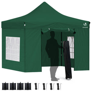 VOUNOT 3x3m Heavy Duty Gazebo with 4 Sides, Pop up Gazebo Fully Waterproof Party Tent with Roller Bag and Leg Weights, Green - VOUNOTUK