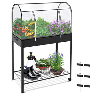 VOUNOT Raised Garden Bed, Mobile Metal Planter with Wheels and Bottom Shelf for Vegetables, Plants and Flowers - VOUNOTUK