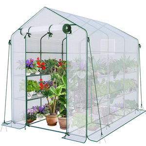 VOUNOT Walk In Greenhouse with Shelves, Roll up Zip Panel Door Garden Plastic Polytunnels Grow House, White 143x215x195cm - VOUNOTUK