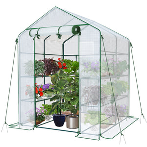 VOUNOT Walk In Greenhouse with Shelves, Roll up Zip Panel Door Garden Plastic Polytunnels Grow House, White 143x143x195cm - VOUNOTUK