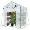 VOUNOT Walk In Greenhouse with Shelves, Roll up Zip Panel Door Garden Plastic Polytunnels Grow House, White 143x143x195cm