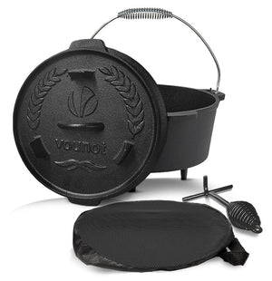 VOUNOT Dutch Oven 9 liters, Cast Iron Fire pot, Pre-Seasoned, With Carry Bag, Feet,  Lid Lifter, Spiral Handle and Slot for Thermometer, for Camping, Cooking Baking.