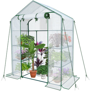 VOUNOT Walk In Greenhouse with Shelves, Roll up Zip Panel Door Garden Plastic Polytunnels Grow House, White 143x73x195cm - VOUNOTUK